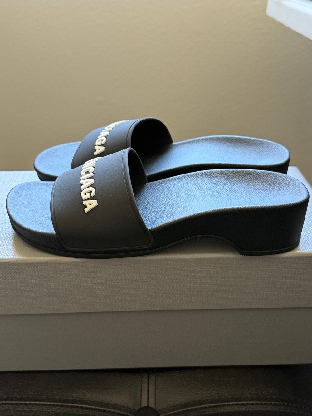 NEW- Balenciaga Black Slides Wedge with White Logo - Picture 5 of 5